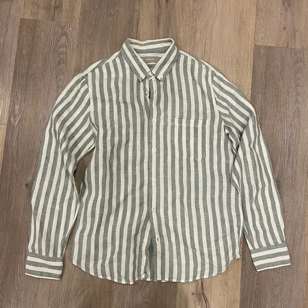 Everlane Men's linen Green and White Striped Shirt